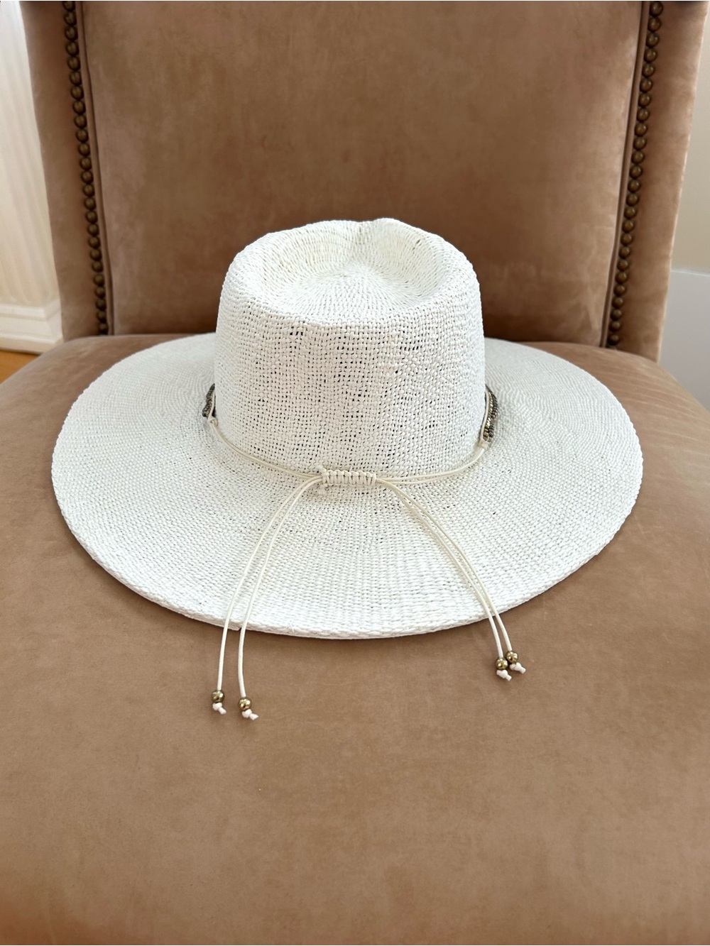 Free People Monte Carlo Wide Brim Beaded Hatband Ivory White Hat OS - Picture 4 of 9